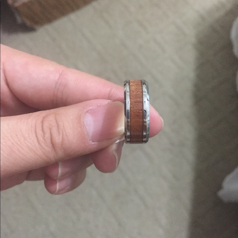 Men Tungsten Wood Inlay Silver Ring - Picture 5 of 5